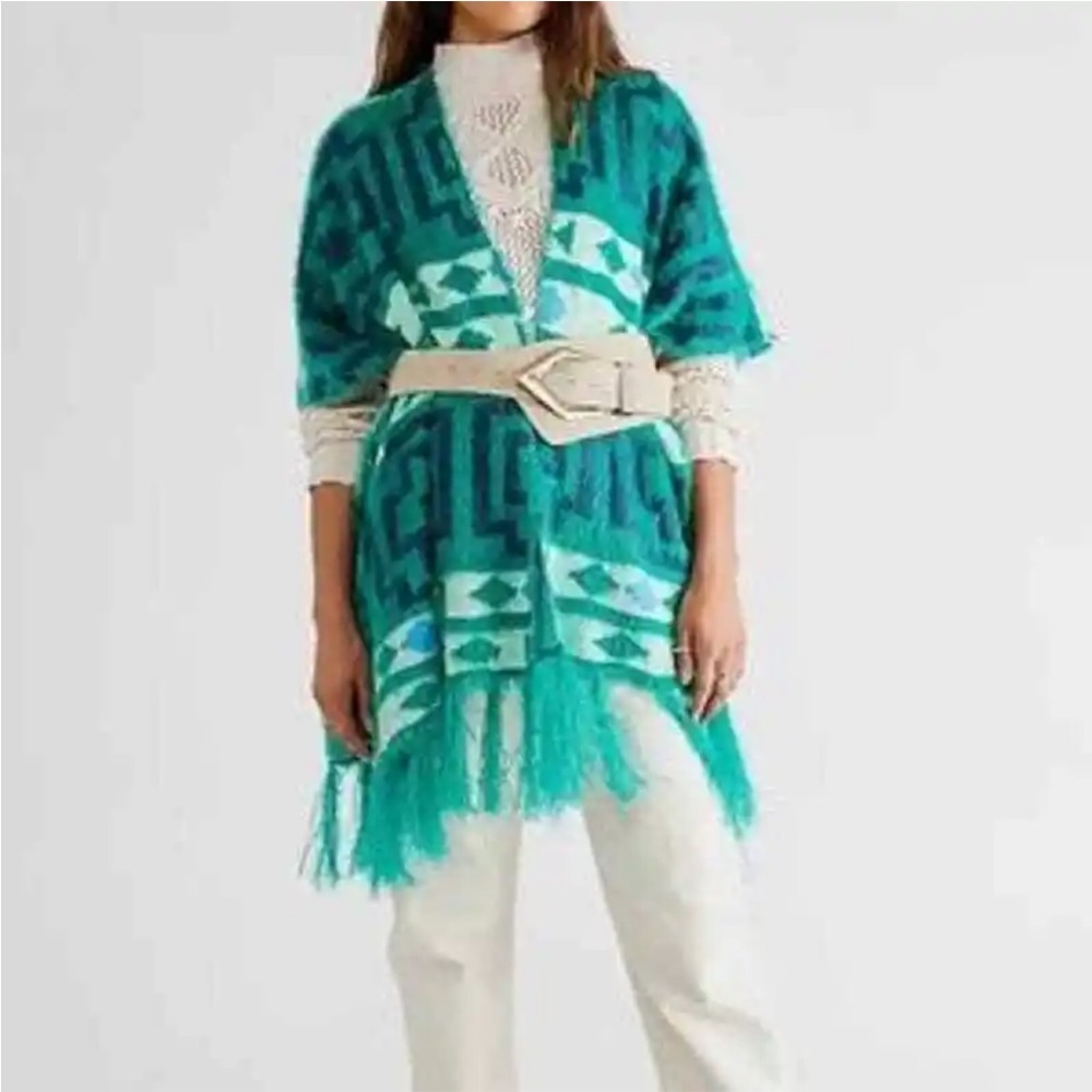 New Free People Diamondback Cozy Fringe Kimono O/S Green Aztec Geometric Pattern